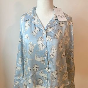 Zara Blue Dog Print Satin Look Blouse Size S